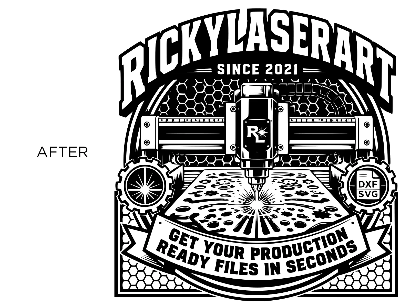 The same logo converted to clean black and white laser engraving artwork