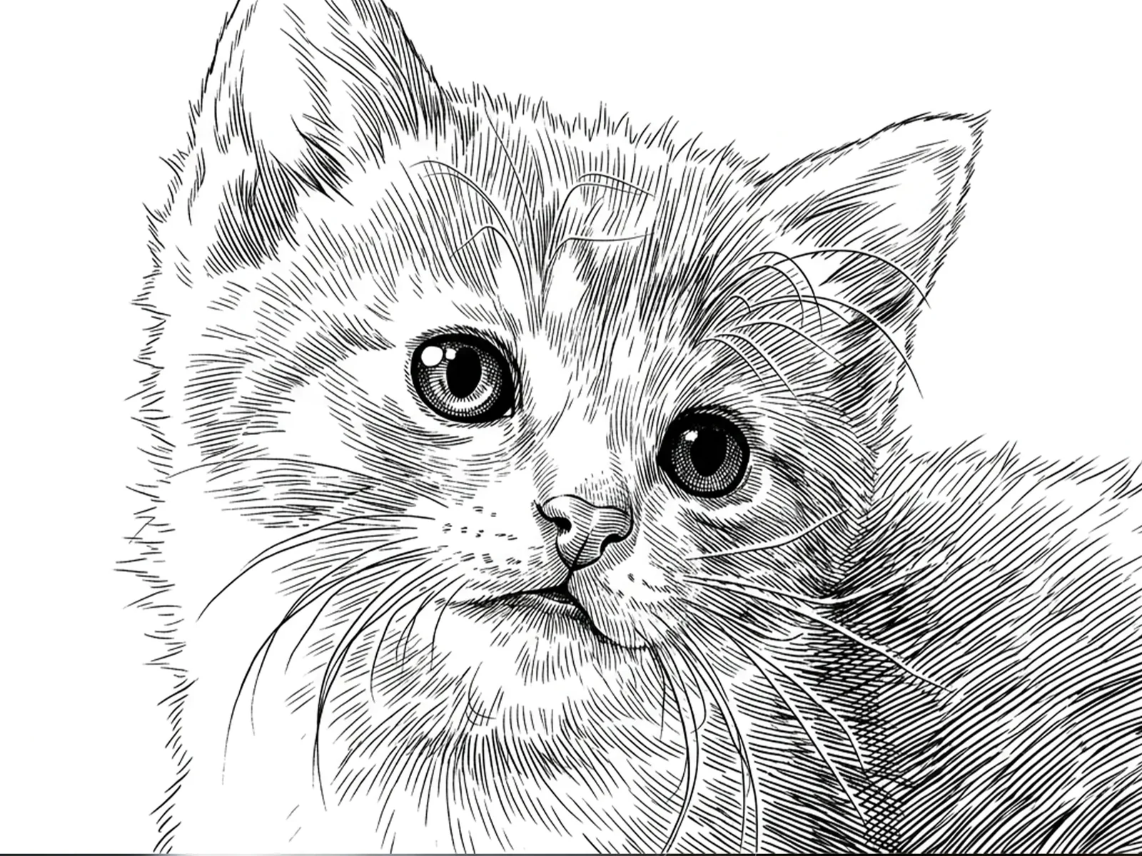 The same kitten converted to a detailed line engraving with hatched fur and whiskers